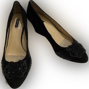 Alex Marie Black Suede Embellished Wedge Pumps